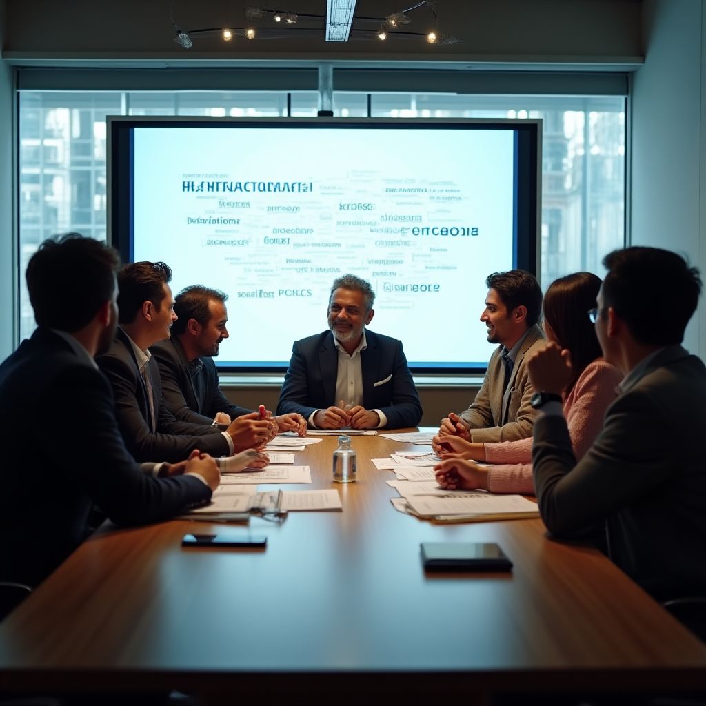 Equipo en reunión estratégica discutiendo valores